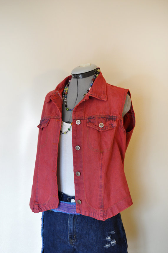 Red Large Denim Vest - Scarlet Red Hand Dyed Upcycled Faded Glory Western 